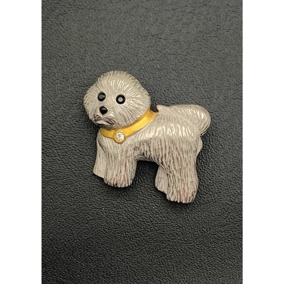 Vintage Bichon Frise Puppy Dog Brooch Pin Frosted Silver Tone Gold Tone Collar - Picture 2 of 4